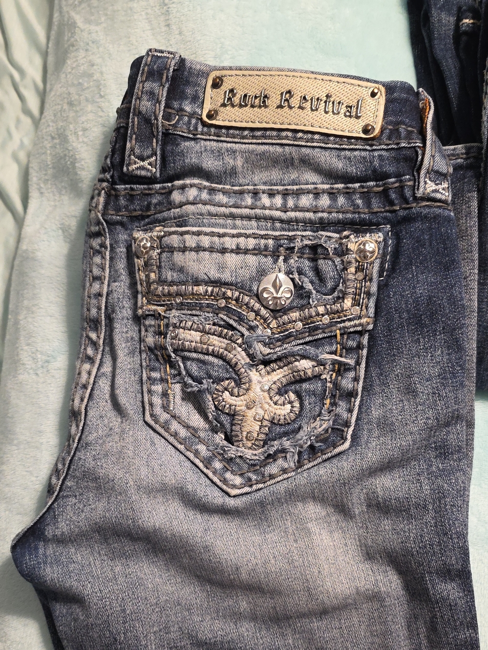 Rock Revival Dark Blue Distressed Embroidered Pocket Jeans